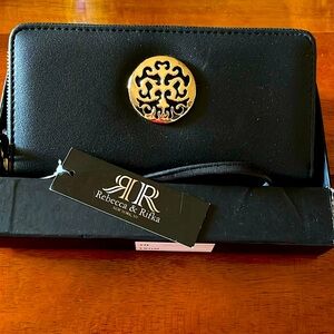 Rebecca Rifka Black faux leather wristlet